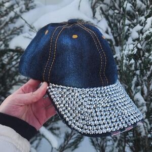 Y2K Inspired On The Scene Bling Distressed Denim Cap w/ Silver Rhinestones Brim